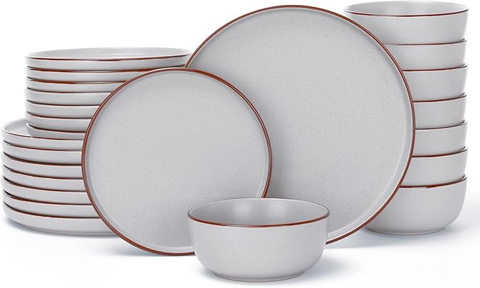 Famiware Mercury 24-Piece Stoneware Dinnerware Set,Light Grey