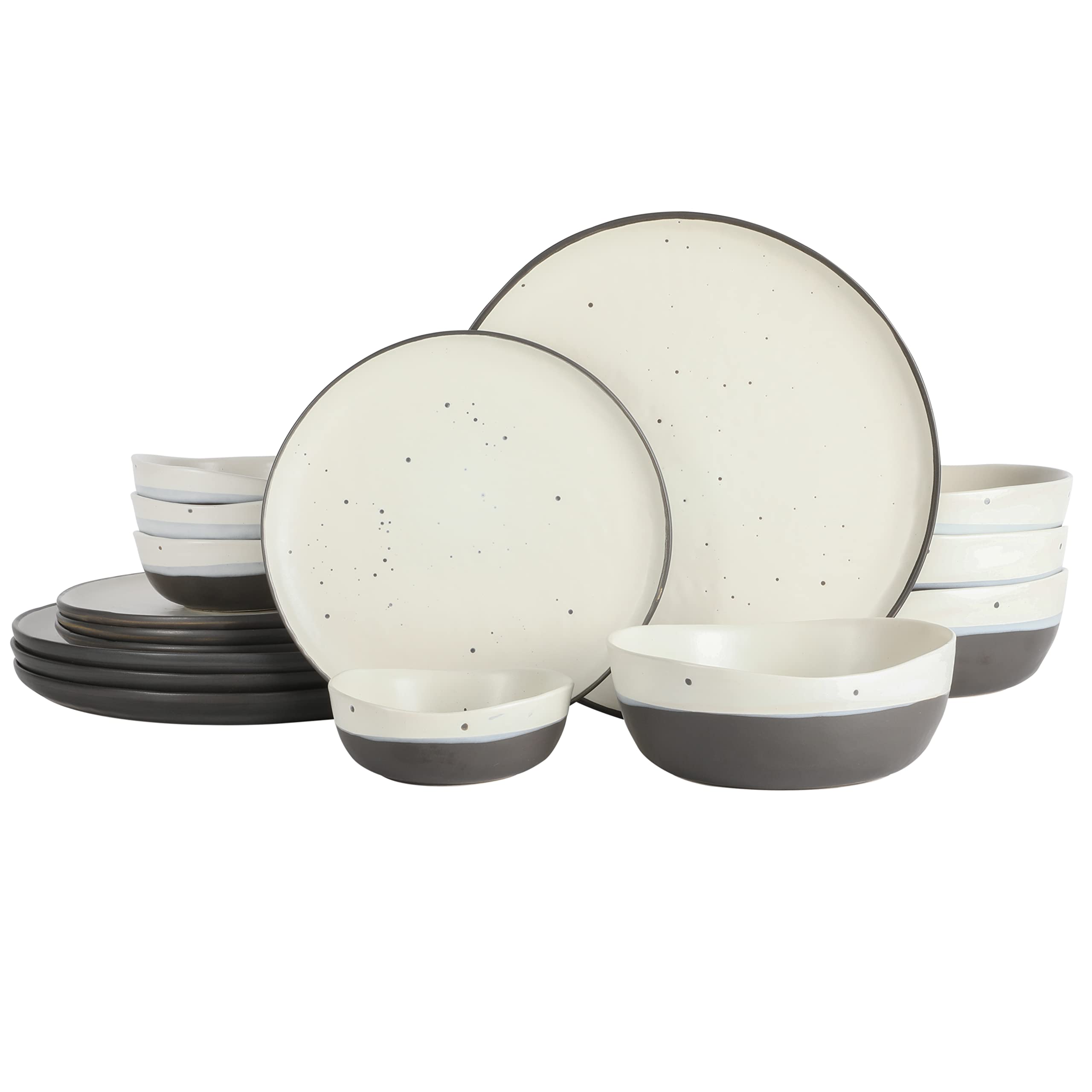 Gibson Elite Rhinebeck 16-Piece Double Bowl Dinnerware Set, Service for 4 – White and Black Stoneware Plates and Bowls