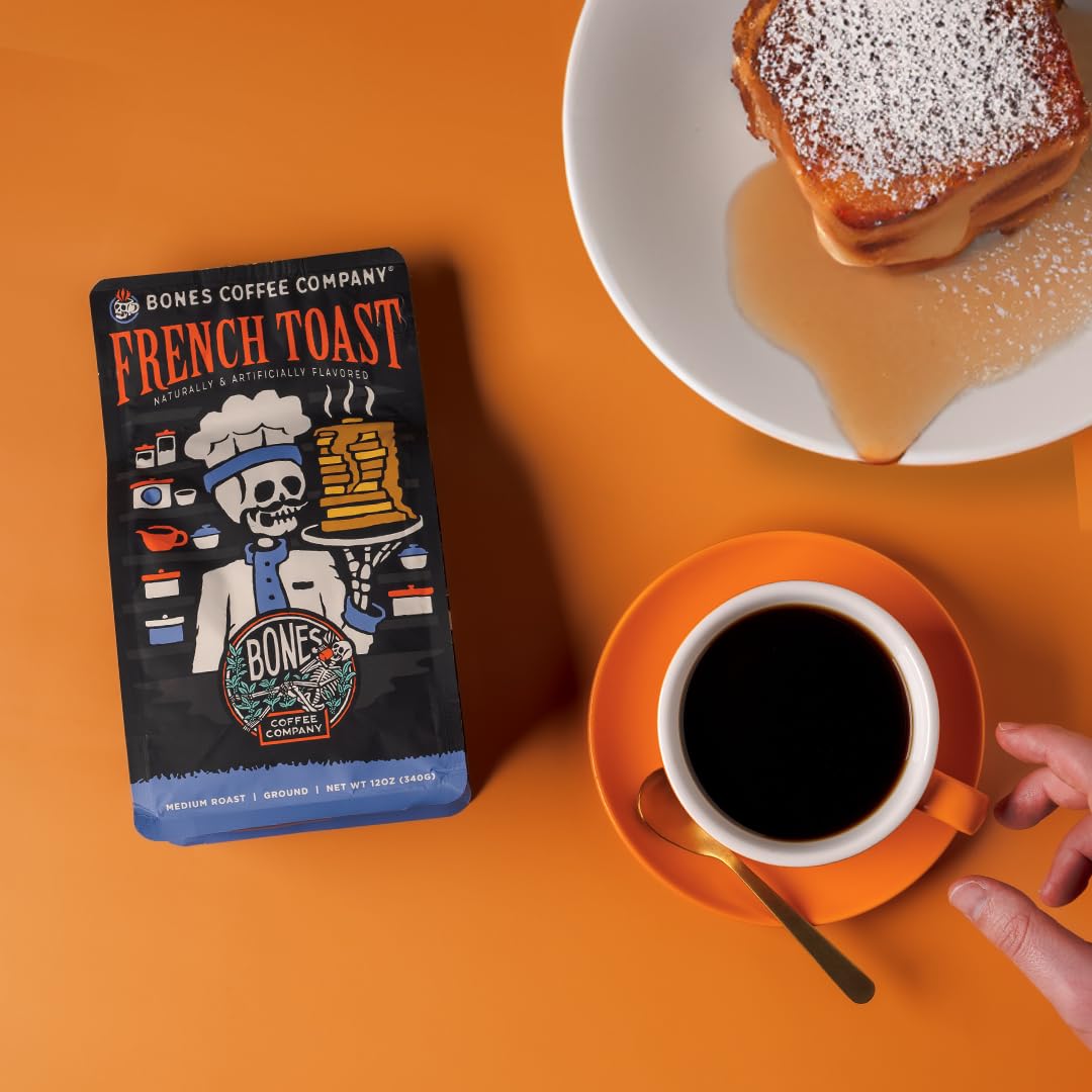 Bones Coffee Company French Toast, Sweet and Buttery Flavored Flavored Coffee, Medium Roast Low Acid Arabica Beans Compatible with Auto drip and French Press Coffee Maker, 12 Oz Whole Bean