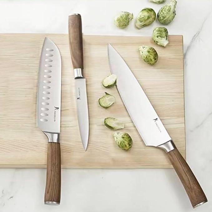 kangdelun Ultra Sharp 4-Piece Chef Knife Set, 50Cr15MoV High-Carbon Stainless Steel, Torrefied Brown Ash Wood Handles, Magnetic Gift Box