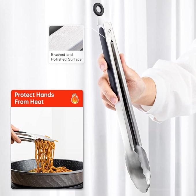 9 & 12 Inch Kitchen Tongs, Stainless Steel Metal Cooking Tongs (9"+12")
