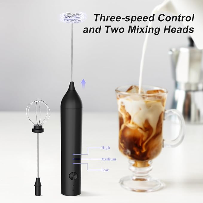 ELMWAY Rechargeable Milk Frother Handheld, 3-Speed Electric Whisk Frother Wand with Egg Whisk Attachment for Coffee, Matcha, Protein Powder, Latte & Cappuccino(Black without Stand)