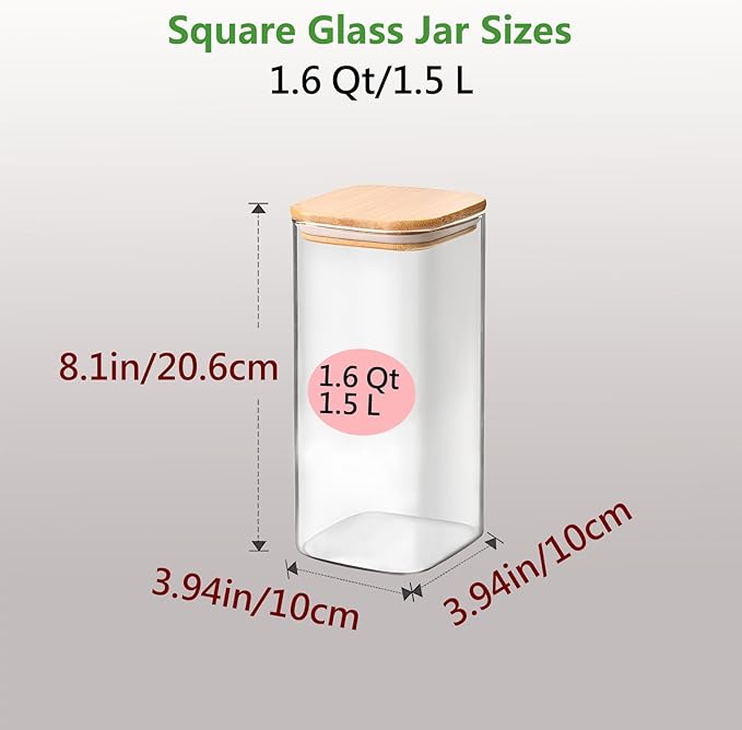 HVOPGEEUAN 1.6 Qt Square Glass Storage Containers with Lids, Clear Food Storage Container Jar with Sealing Bamboo Lid for Noodles Flour Cereal Rice Sugar Tea Coffee Beans (Square-3Pack)