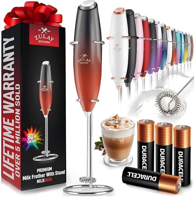 Zulay Kitchen Powerful Milk Frother Wand With Duracell Batteries - Ultra Fast Handheld Drink Mixer - Electric Whisk Foam Maker for Coffee, Lattes, Cappuccino & Matcha - Z1 Motor - Black & Red