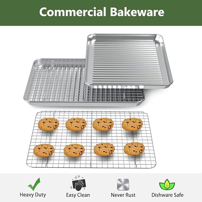 Half Baking Sheet Pan Cooling Rack Set, Stainless Steel 2 Pans + 2 Racks