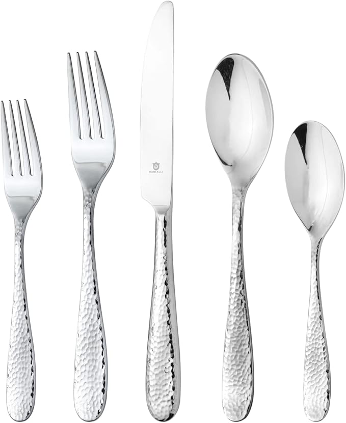DANIALLI Hammered Silverware Set | Premium 18/10 Stainless Steel Flatware Service for 12 | Heavy-Duty & Dishwasher Safe | Built to Last (60-Piece, Fidenza Hammered)