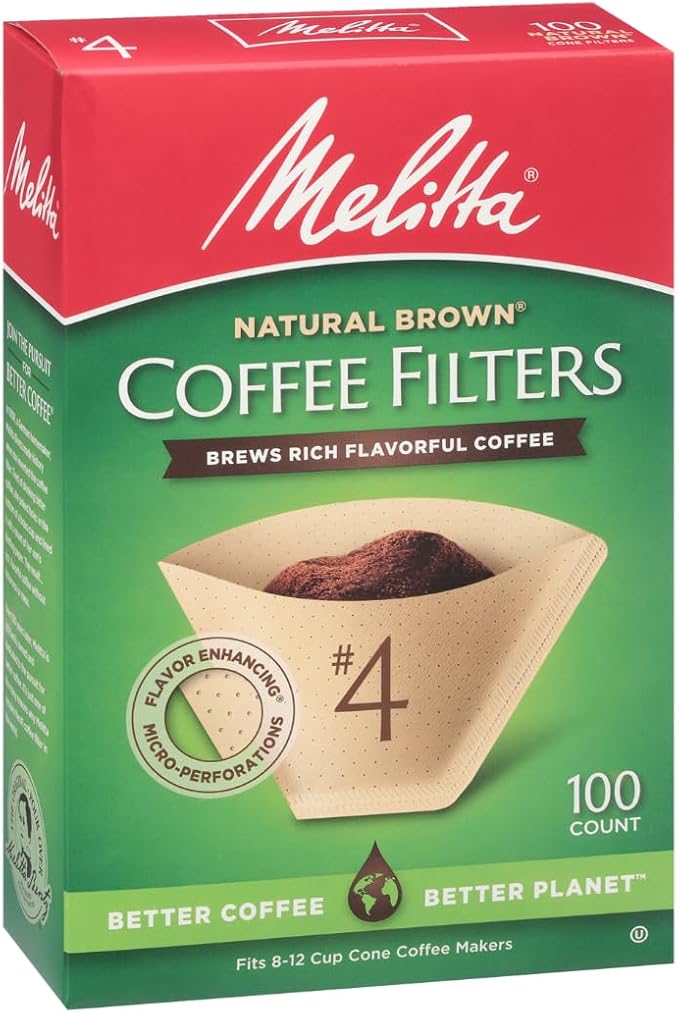 Melitta #4 Unbleached Coffee Filters, Premium, Natural Brown, Flavor Enhancing Coffee Filters for 8-12 Cup Coffee Makers, Kosher Certified, Compostable, 100 Count (Pack of 6)