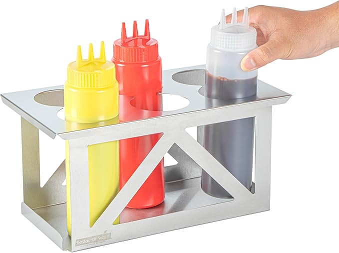 Restaurantware Squeeze Bottle Organizer 1 Count 12.79 x 7.09 x 6.26 Inch Durable Stainless Steel Condiment Dispenser Rack Six Hole Easy-To-Clean Holder Silver Rectangular Design for Commercial Kitchen