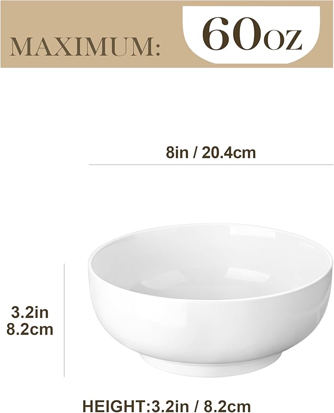 MALACASA Large Serving Bowls, 60 OZ (8") White Salad Bowls Set of 2