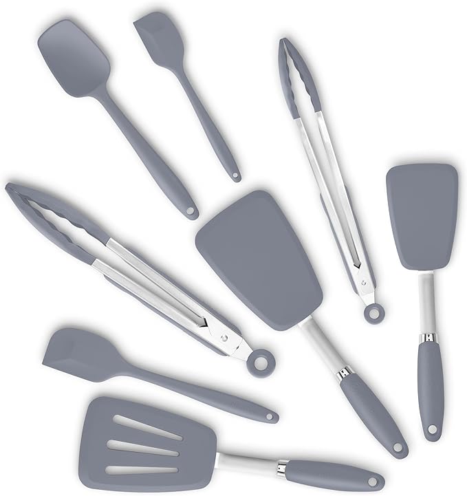 5-Piece Silicone Spatulas Set with Tongs, 446°F Heat Resistant, Grey