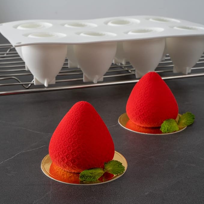 Pastry Tek 8 Cavities Strawberry Silicone Mold, 1 Oven-Ready Strawberry Mold - Flexible, Freezable, White Silicone Fruit Silicone Mold, Easy Release, For Baking - Restaurantware