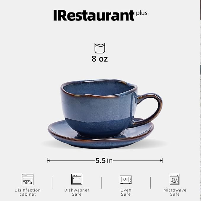 Organic Shape Highland Ceramic Coffee Cup and Saucer, 24pcs 8oz Handmade Reactive Glaze Stoneware Cup and Saucer with Wavy Edge, for Kitchen, Microwave & Dishwasher Safe, Scratch Resistant-Blue