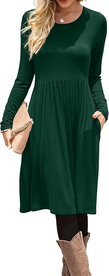 DB MOON Women Casual Long Sleeve Dresses Knee Length Loose Dark Green Dress with Pockets L