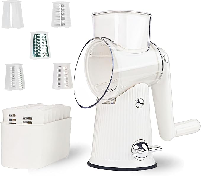 Rotary Cheese Grater with Handle - Vegetable Shredder with 5 Blades & Strong Suction Base, Round Slicer & Food Chopper for Kitchen (White)