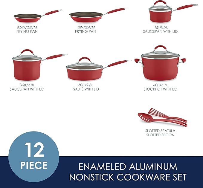Rachael Ray Cucina Nonstick Cookware, Cranberry Red Pots and Pans Set, 12-Piece