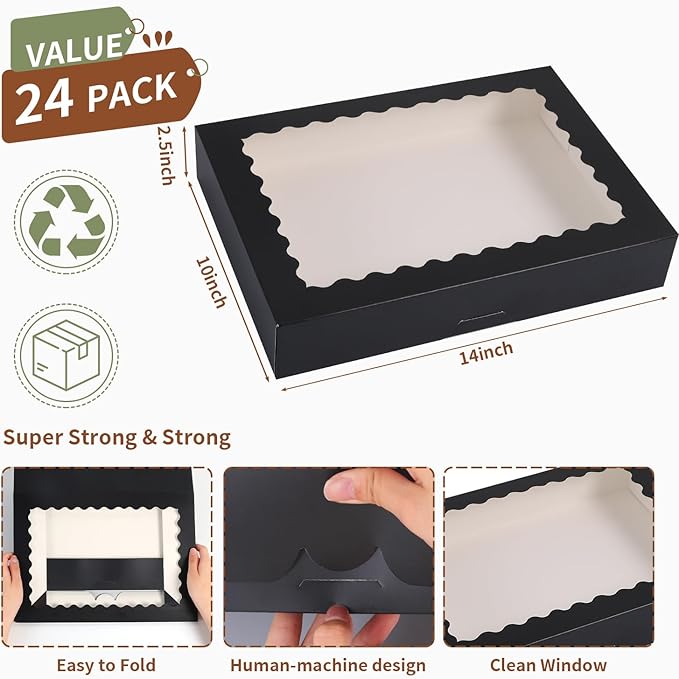 PFAMKEER Cookie Boxes,14x10x2.5 Inch Large Bakery Boxes with Window for Pies Chocolate Strawberries Muffins Donuts Pastry Dessert Christmas(Black, 14 * 10 * 2.5inch/24pcs)