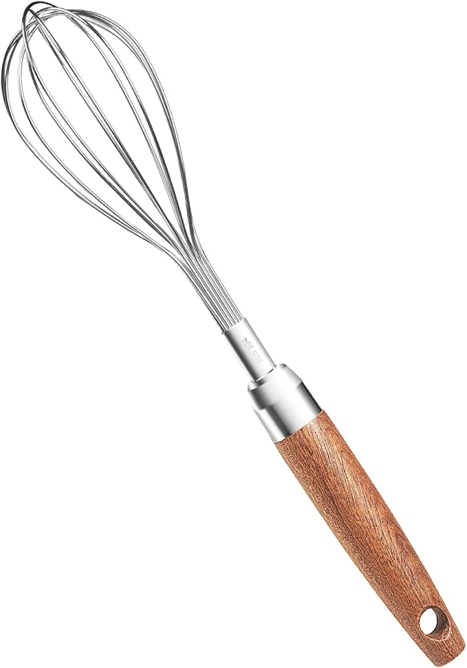 EVNSIX Stainless Steel Wire Cooking Whisk, Multi Function Kitchen Hand Whisk Non Stick Balloon Whisk Egg Beater for Blending Whisking Beating Frothing Stirring Batters,Wooden Handle (11""L x 2.1""W)