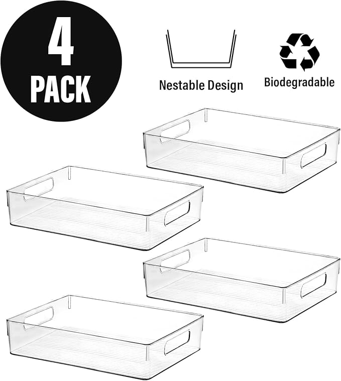 ShelfShaper Large Clear Plastic Storage Bins, Pantry Organizers and Storage Containers Fridge Organizer Bins for Organizing Home Kitchen Under Sink Bathroom Refrigerator Freezer Laundry Room
