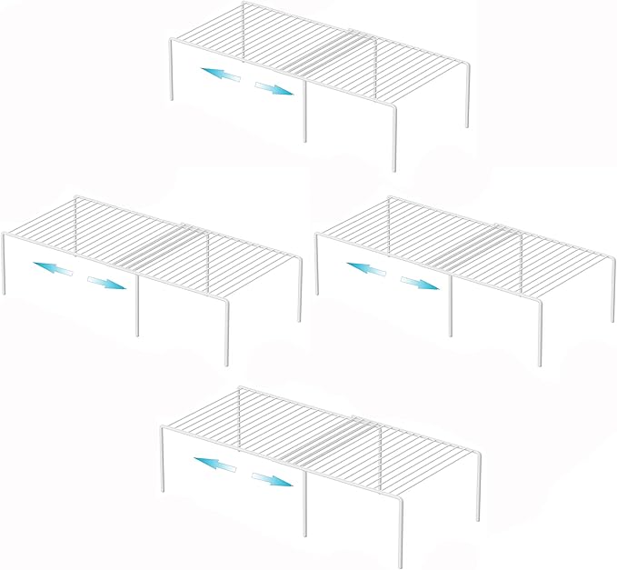 iPEGTOP Freezer Cabinet Storage Shelf Set of 4, 8 Pieces Expandable Metal Rustproof Spice Rack, Adjustable Kitchen Organizer Counter Fridge Pantry Shelf Space Saver (White)