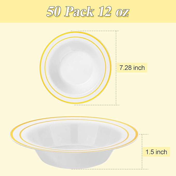 BESTSTAR 50 Pack Disposable Soup Bowls with Gold Rim