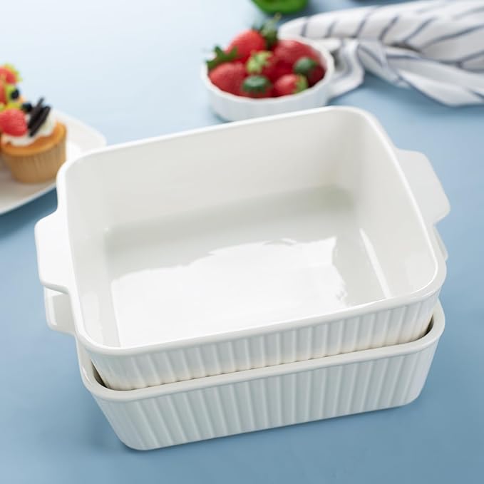 cikiciki 10" Square Ceramic Casserole Dish Set of 2-2.6 Qt Deep Baking Dishes with Handles for Oven, Lasagna Pan for Casseroles Cake Bread, Microwave Dishwasher Safe Bakeware Set, White