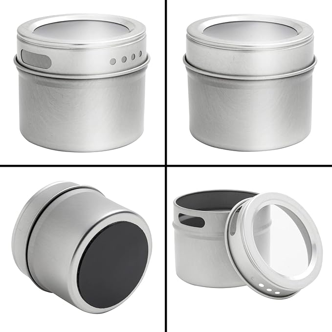 Talented Kitchen Magnetic Stainless Steel Spice Jars - 24-Pack, 3 oz, Silver - Magnetic Kitchen Spice Jars with Organizer Plates & Lids for Fridge & RV - Includes 6 Wall Plates & 269 Preprinted Labels