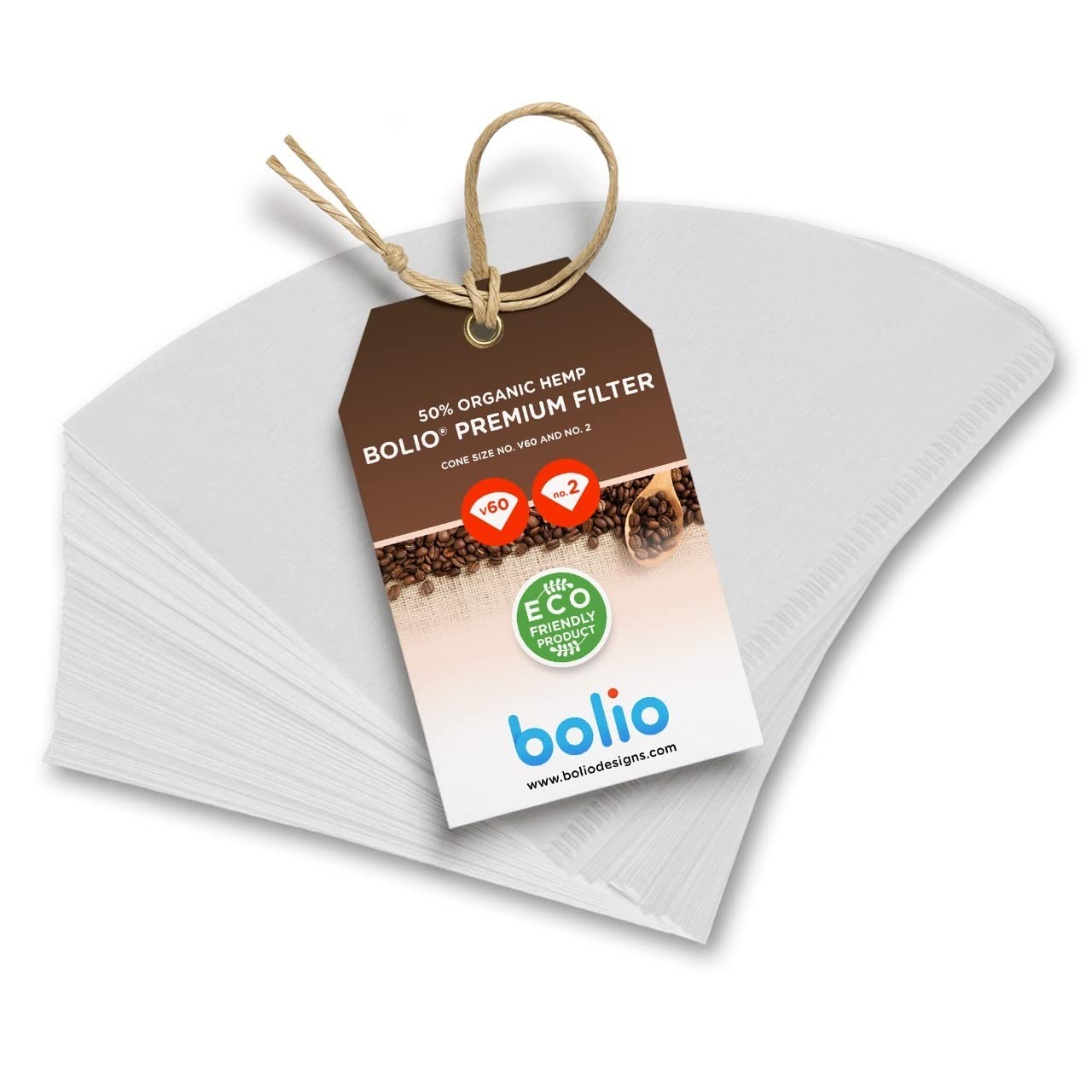 Bolio Premium Hemp White Paper Cone Coffee Filters - Peroxide Whitened - Compatible with V60 and All No.2 Size Pour Over Drippers - (Pack of 100)