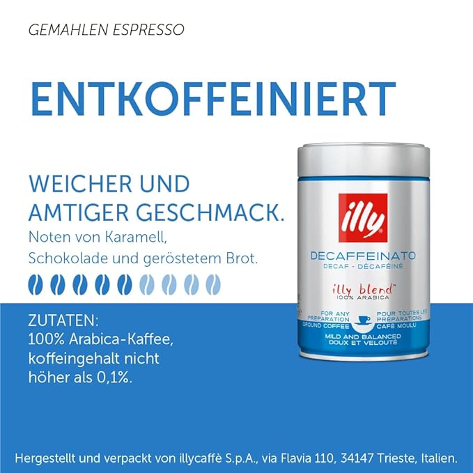illy Decaf Ground Espresso Coffee, Classico Medium Roast, 8.8 oz