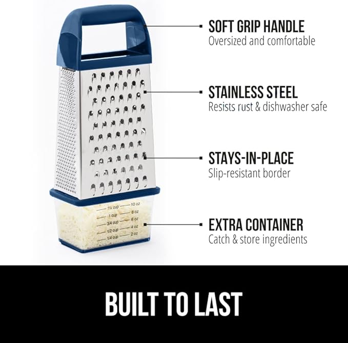 GORILLA GRIP® XL 4-Sided Stainless Steel Cheese Grater With Measurement Container, BPA-Free Box Grater, Slip Resistant Base, Grate Hard Parmesan, Shred Veggies, Zest Citrus, Dishwasher Safe