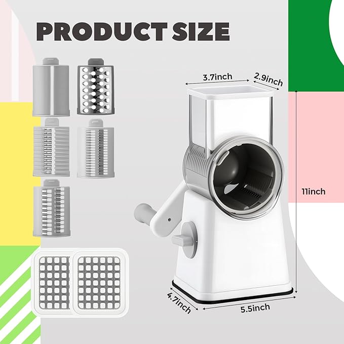 Leriton 6-in-1 Multifunctional Rotary Cheese Grater with 11 Blades Vegetable Shredder Food Shred Dice Slicer Chopper with Suction Base Rotating Handle Safety Push Cup for Kitchen Housewife Gift(White)