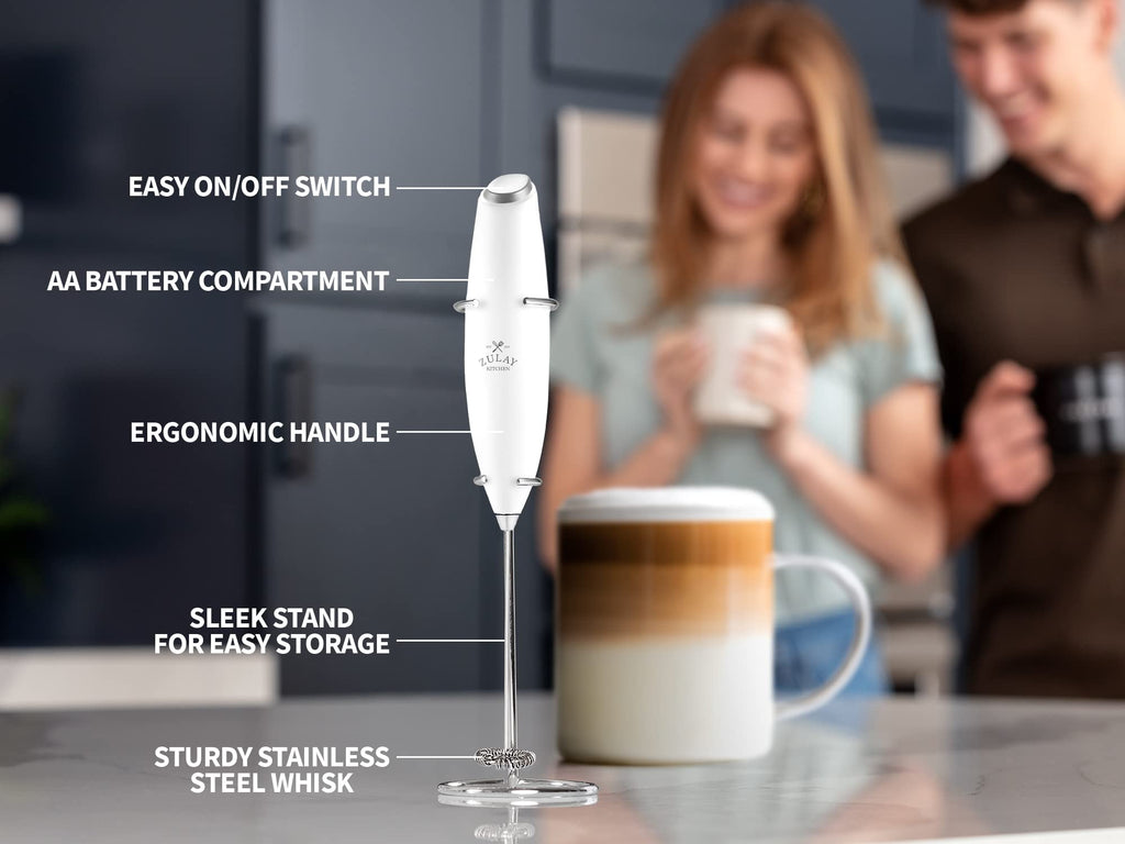Zulay Premium Gift Milk Frother Set – Handheld Coffee Frother with Stand, 12oz/350ml Frothing Pitcher + 4 Latte Art Stencils – 13,000 RPM Motor, SS Whisk, Battery Operated – Barista Kit (White)