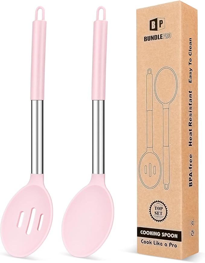 BUNDLEPRO Silicone Cooking Spoons for Non Stick Cookware, 2 Pack, Pink