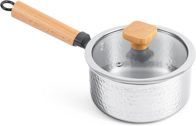 WANGYUANJI 1.8 Quart Stainless Steel Saucepan with Lid, Tri-Ply Steel Small Sauce Pan, Coating-Free Interior, Hammered Finish, Induction Compatible Soup Pot with Tempered Glass Lid & Wood Handle