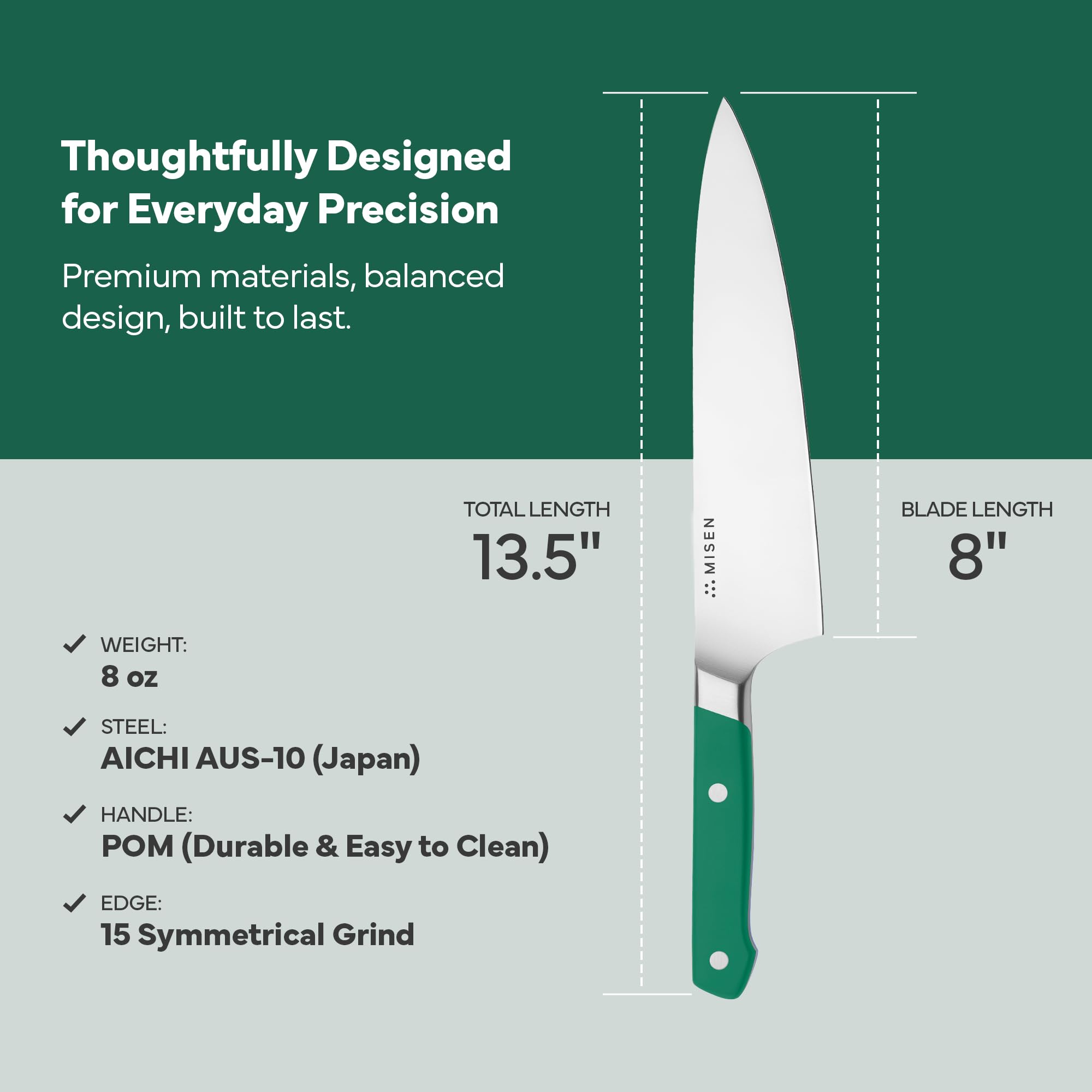 Misen 8 Inch Chef Knife, AUS-10 Japanese Stainless Steel - Green