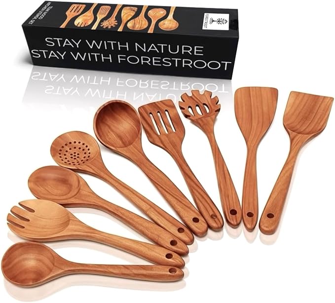 Forestroot 9-Piece Wooden Cooking Utensil Set – Premium Wood Kitchenware for Nonstick Cookware, Heat-Resistant & Durable Wooden Spoons and Spatulas – Eco-Friendly Kitchen Tools for Stirring & Serving