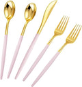 Rubtlamp 90Pcs Gold Plastic Silverware, Fancy Utensils Set With Pink Handles Include 30 Gold Knives, 60Plastic Forks and Spoons, Pink Silverware Heavy Duty For Mother's Day