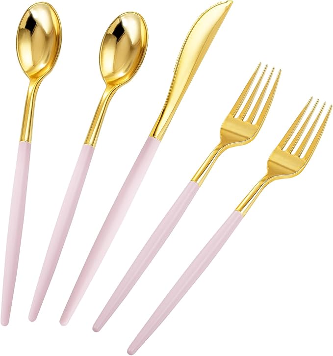 Rubtlamp 90Pcs Gold Plastic Silverware, Fancy Utensils Set With Pink Handles Include 30 Gold Knives, 60Plastic Forks and Spoons, Pink Silverware Heavy Duty For Mother's Day