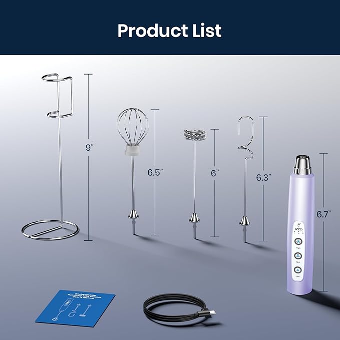 Milk Frother Wand Rechargeable Handheld Electric Whisk 3 Speed Adjustable