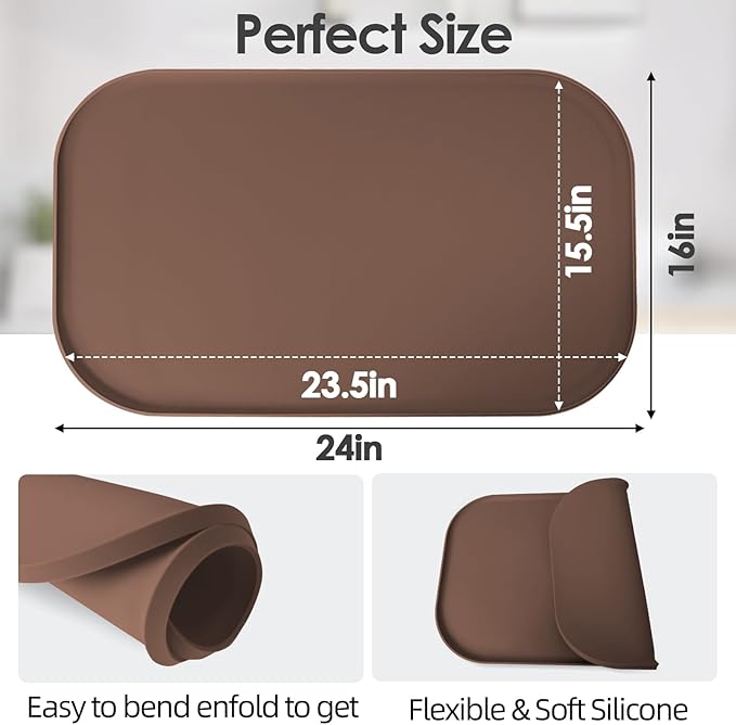 Silicone Coffee Maker Mat with Lip for Countertops, 24'' x 16'', Brown