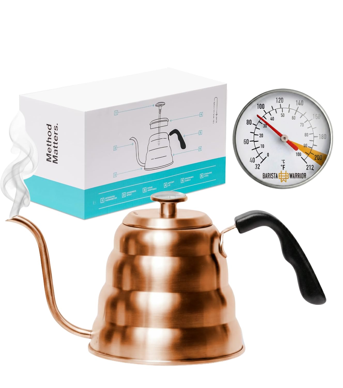 Barista Warrior Gooseneck Kettle with Thermometer - 1.2L Pour Over Coffee & Tea Kettle, Copper Coated Stainless Steel Gooseneck Kettle Pot, Precision Pour Drip Spout, Suitable for All-Stoves (40 floz)