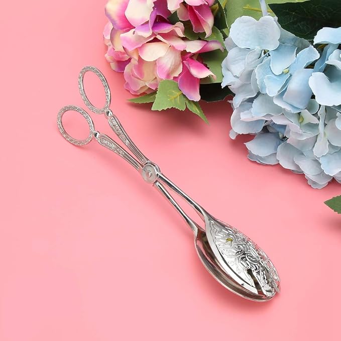 Buffet Tongs Zinc Alloy Salad Tong Kitchen Tong Serving Non-Slip Cooking Tongs(Sliver)