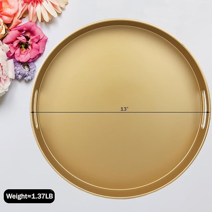 SforGUVA Round Gold Decorative Serving Tray with Handles, 13” Versatile Ottoman Tray for Coffee Table, Entertaining, Outdoor Patio, Living Room