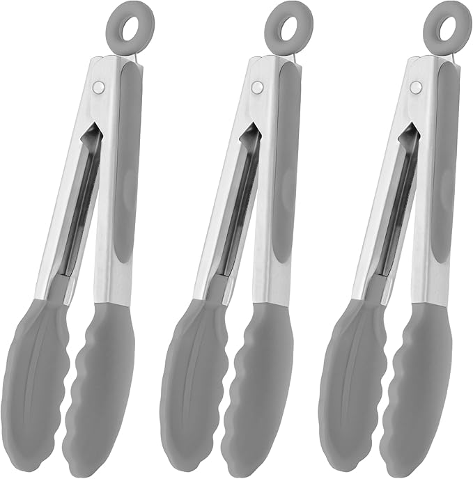HINMAY Small Serving Tongs with Silicone Tips 7 Inch Mini Stainless Steel Food Tongs, Set of 3 (Gray)
