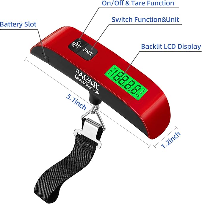 BAGAIL Digital Luggage Scale,110lbs Hanging Baggage Scale with Backlit LCD Display,Portable Suitcase Weighing Scale,Travel Luggage Weight Scale with Hook,Strong Straps for Travelers(Red)