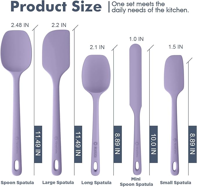 ChefAide 5 Pieces Silicone Spatula Set, Food Grade Rubber Spatula, Upgrade Strong Handle with Ergonomic Grip, Heat Resistant Up to 600°F for Nonstick Cookware, Cooking