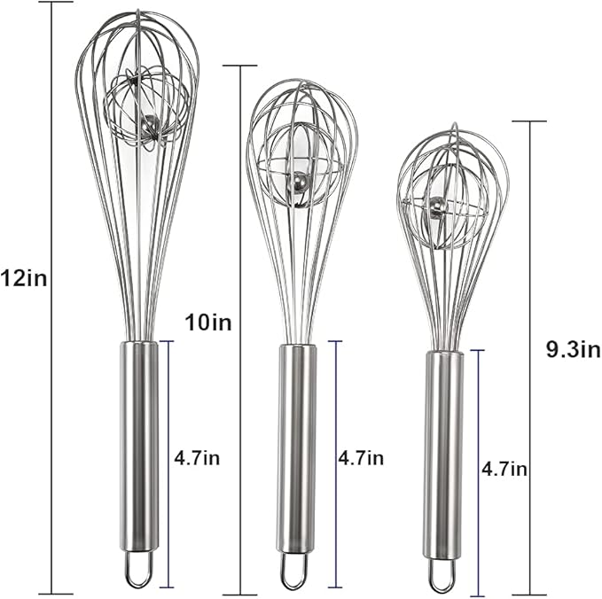 Amytalk 3 Pack 8, 10, 12 inches Balloon Whisk Double Balloon Wire Whisk Blending Whisking Beating Stirring Egg Beater Stainless Steel (with inside Ball)
