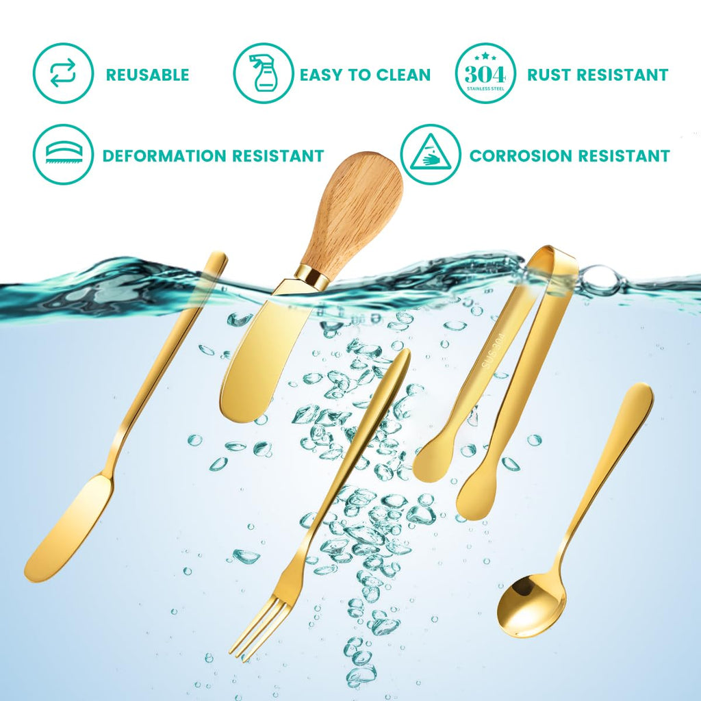 Charcuterie Board Accessories With 3 Oz Ceramic Dip Bowls, Wooden Handle Gold Cheese Spreader Butter Knive Set Kit, Mini Tongs, Spoons, Forks,Honey Dipper, Cocktail Picks