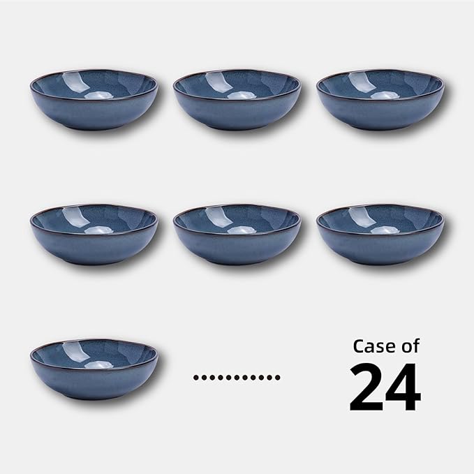 Organic Shape Highland Ceramic Soup/pasta Bowl, 24pcs 30oz Handmade Reactive Glaze Stoneware 8inch Bowls with Wavy Edge, for Kitchen, Microwave & Dishwasher Safe, Scratch Resistant-Blue