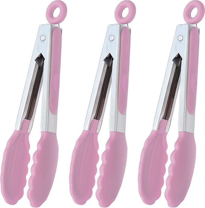 HINMAY Small Serving Tongs with Silicone Tips 7-Inch Mini Tongs, Set of 3 (Pink)