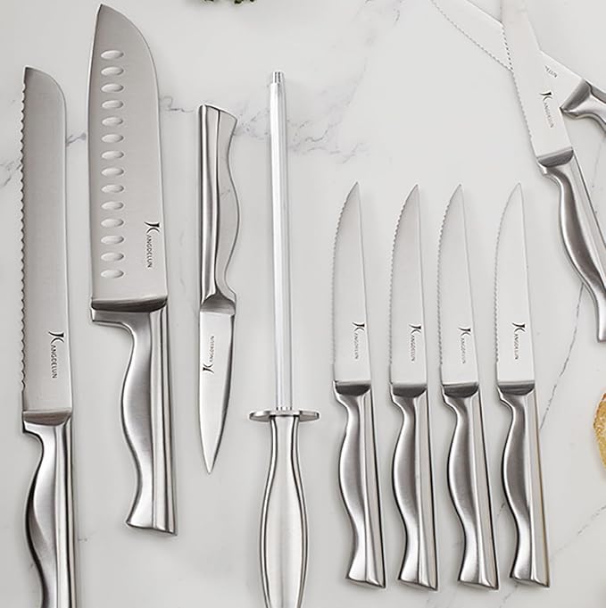 Kangdelun 15-Piece Ultra Sharp Kitchen Knife Set with Wooden Block, Exclusive Ergonomic Anti-Slip Handle, High-Carbon 50CR15MOV Steel, Angled Design, Natural Wood Block